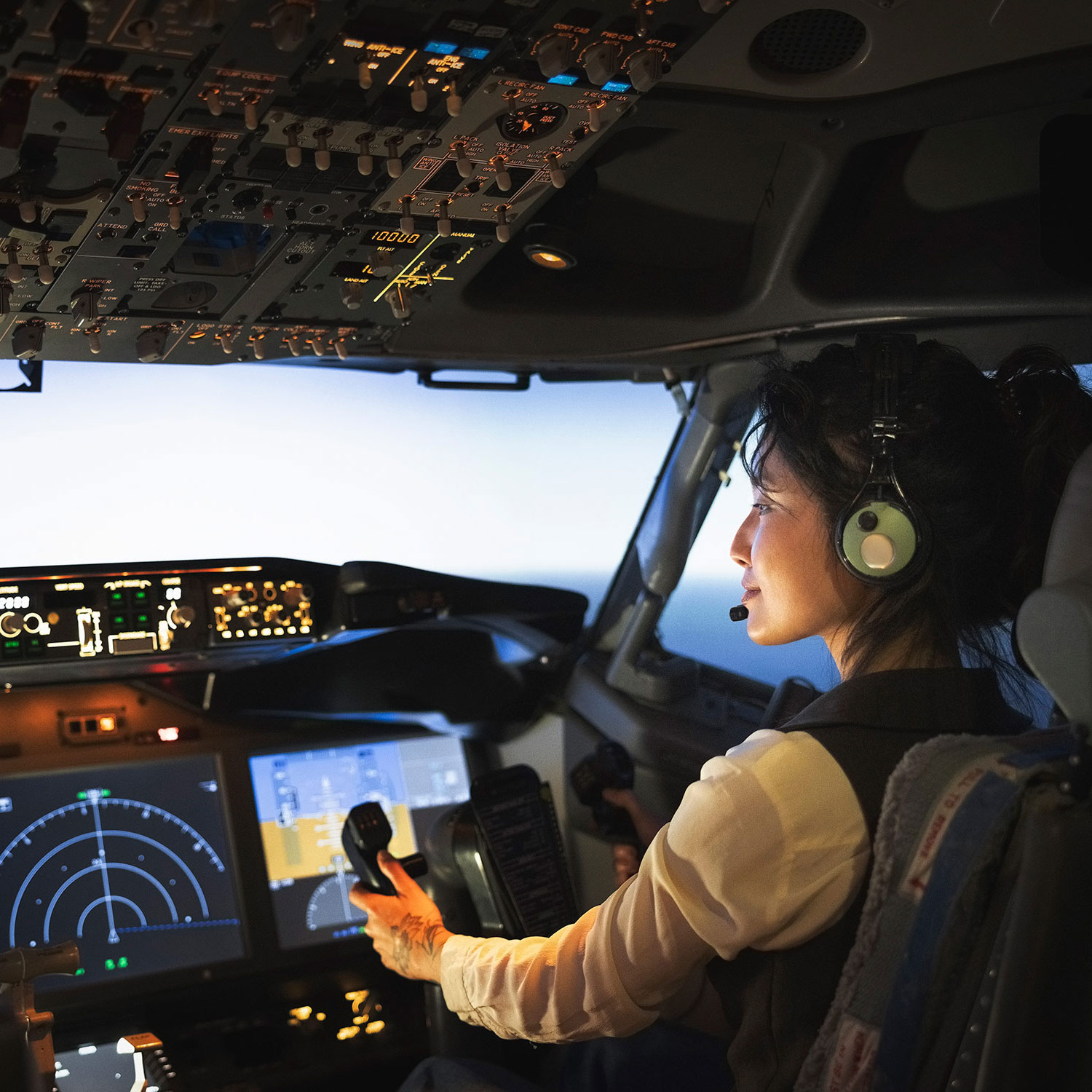 Rear view of a female pilot sitting the cockpit flying an airplane.